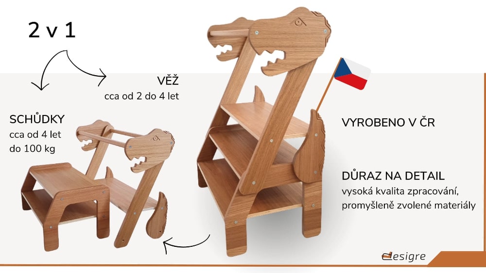 učicí věž pro dvojčata 2v1 dinosaurus specifikace