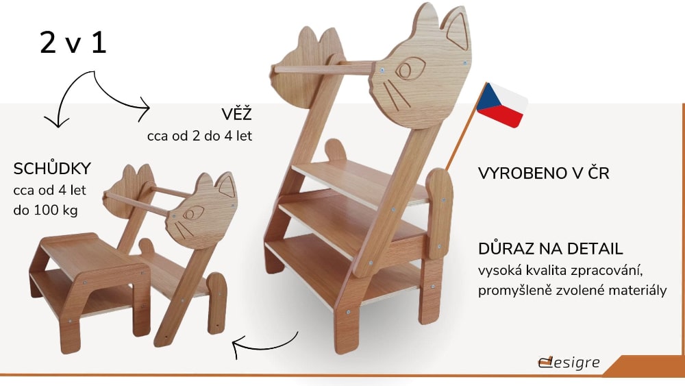 učicí věž pro dvojčata 2v1 kočka specifikace